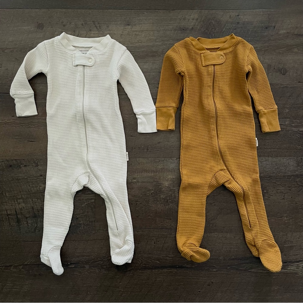 TWO Noble Organic Waffle Footie Sleeper Bundle, 3-6m, Zipper, Oat Milk, Tumeric
